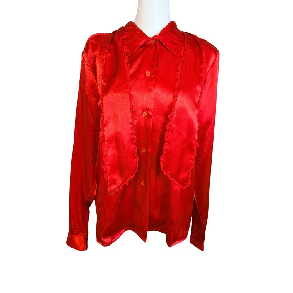 Worthington vintage red silky satin button-down blouse matching scarf size 10 T